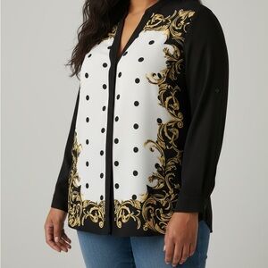 Alfani Black and White Polka Dot Top with Gold Accents